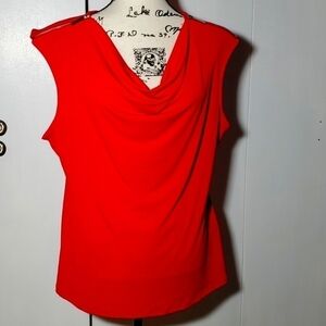 Premise-  Ruby Red cowl neck blouse with silver zippers Chic! Sz.XL